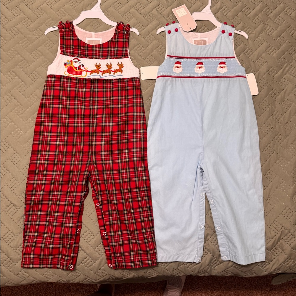Festive Kids One Piece Set - Red Plaid and Light Blue